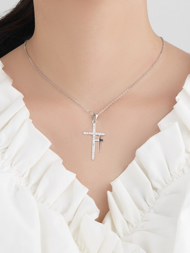 Double Cross Cubic Zirconia 925 Sterling Silver Fashion Pendant Necklace-Necklaces-Innovato Design-Innovato Design