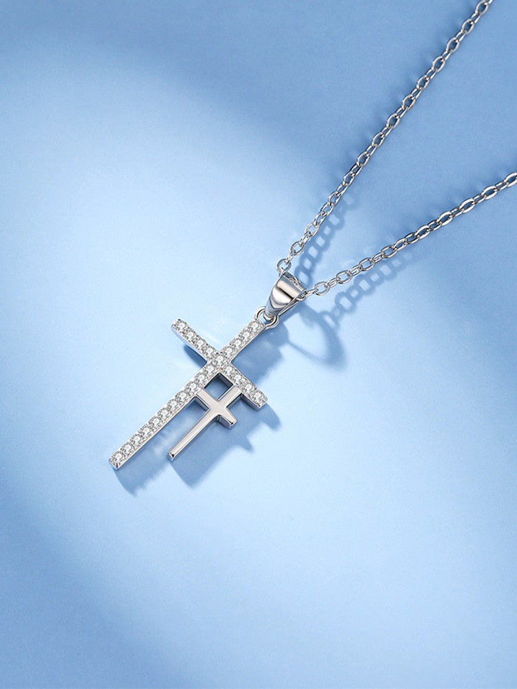Double Cross Cubic Zirconia 925 Sterling Silver Fashion Pendant Necklace-Necklaces-Innovato Design-Innovato Design