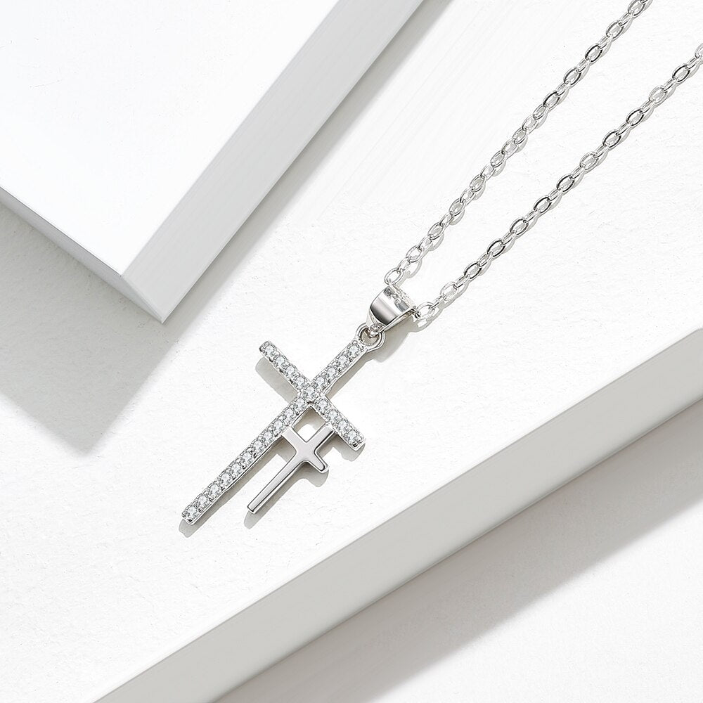 Double Cross Cubic Zirconia 925 Sterling Silver Fashion Pendant Necklace-Necklaces-Innovato Design-Innovato Design