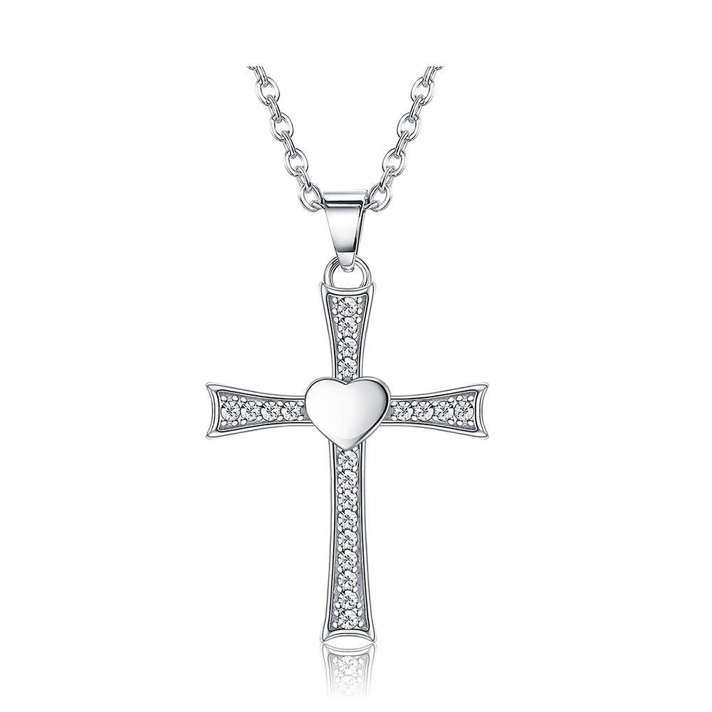 Cubic Zirconia Crucifix with Heart 925 Sterling Silver Fashion Pendant Necklace-Necklaces-Innovato Design-Innovato Design