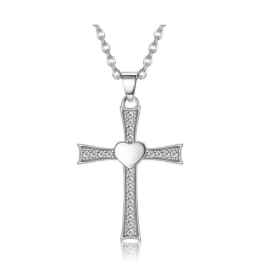 Cubic Zirconia Crucifix with Heart 925 Sterling Silver Fashion Pendant Necklace-Necklaces-Innovato Design-Innovato Design