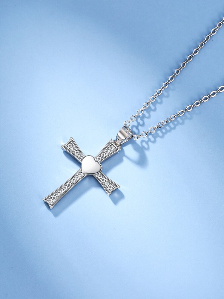 Cubic Zirconia Crucifix with Heart 925 Sterling Silver Fashion Pendant Necklace-Necklaces-Innovato Design-Innovato Design