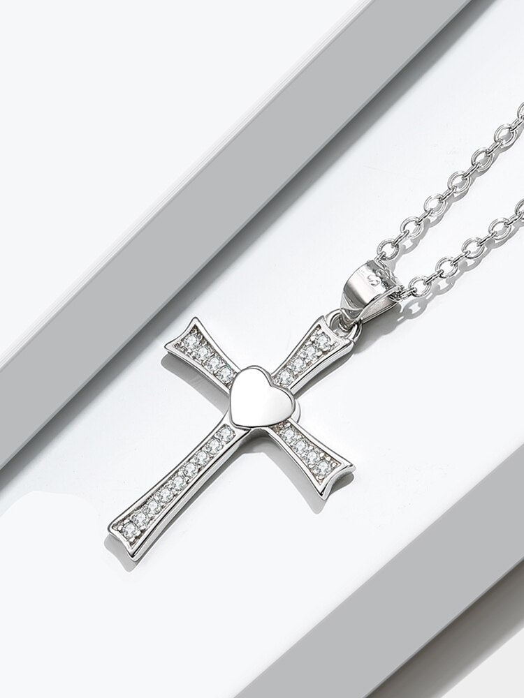 Cubic Zirconia Crucifix with Heart 925 Sterling Silver Fashion Pendant Necklace-Necklaces-Innovato Design-Innovato Design