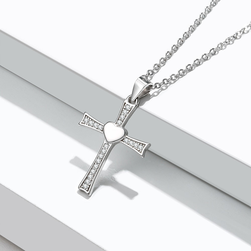 Cubic Zirconia Crucifix with Heart 925 Sterling Silver Fashion Pendant Necklace-Necklaces-Innovato Design-Innovato Design