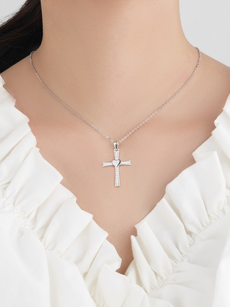 Cubic Zirconia Crucifix with Heart 925 Sterling Silver Fashion Pendant Necklace-Necklaces-Innovato Design-Innovato Design