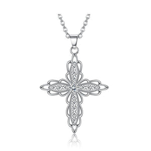 Cubic Zirconia Flower-Shaped Cross 925 Sterling Silver Fashion Pendant Necklace-Necklaces-Innovato Design-Innovato Design