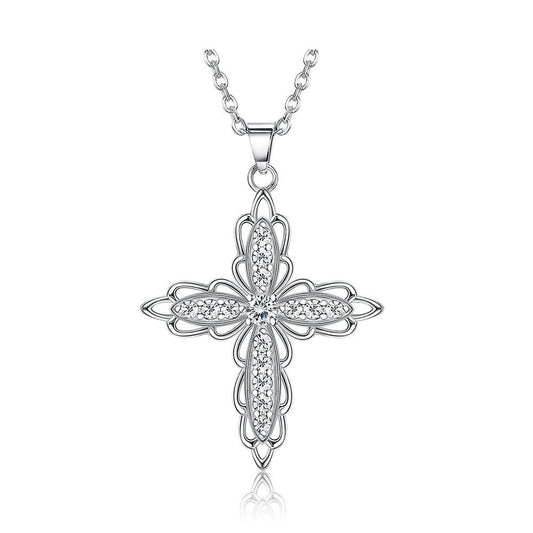 Cubic Zirconia Flower-Shaped Cross 925 Sterling Silver Fashion Pendant Necklace-Necklaces-Innovato Design-Innovato Design