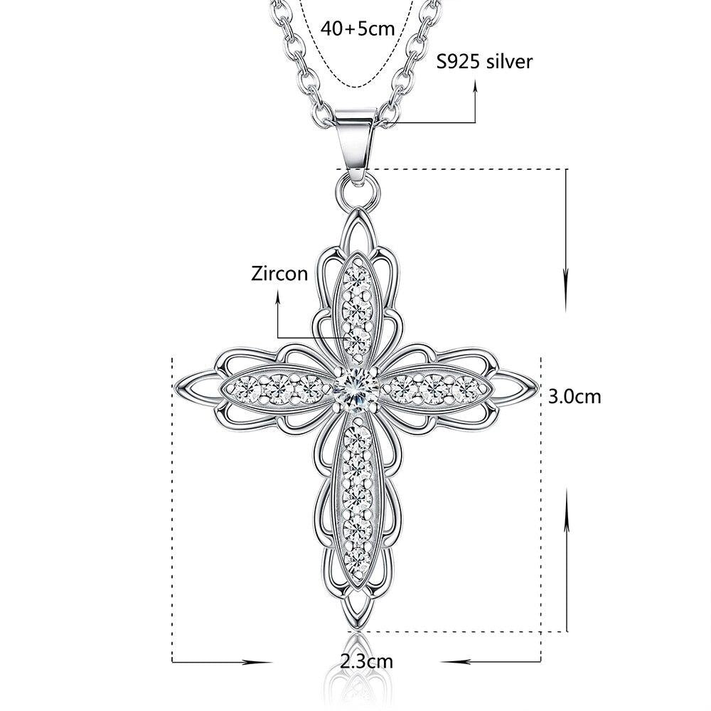 Cubic Zirconia Flower-Shaped Cross 925 Sterling Silver Fashion Pendant Necklace-Necklaces-Innovato Design-Innovato Design