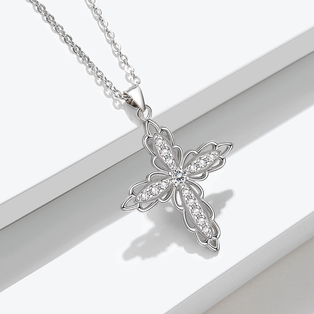 Cubic Zirconia Flower-Shaped Cross 925 Sterling Silver Fashion Pendant Necklace-Necklaces-Innovato Design-Innovato Design