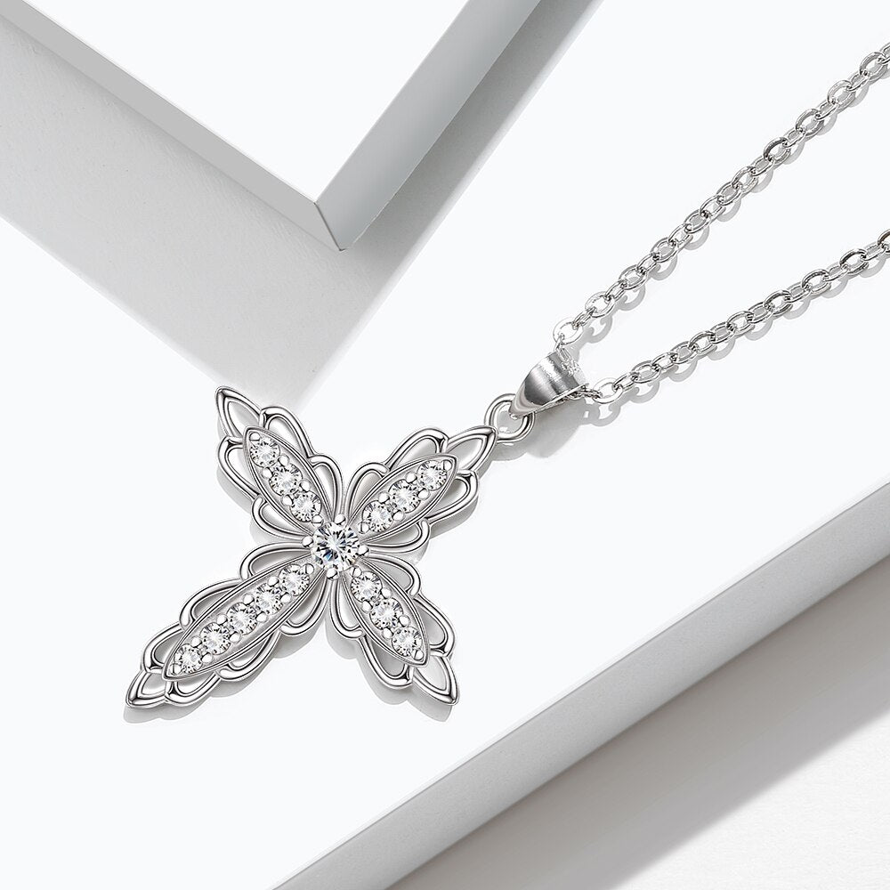 Cubic Zirconia Flower-Shaped Cross 925 Sterling Silver Fashion Pendant Necklace-Necklaces-Innovato Design-Innovato Design