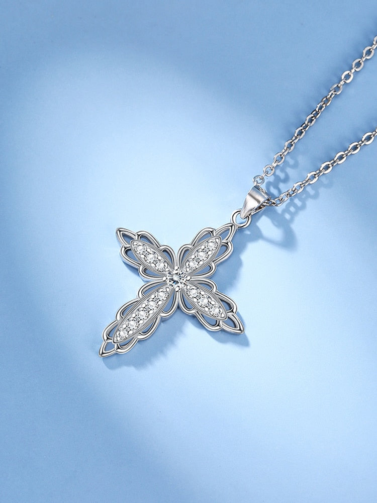 Cubic Zirconia Flower-Shaped Cross 925 Sterling Silver Fashion Pendant Necklace-Necklaces-Innovato Design-Innovato Design