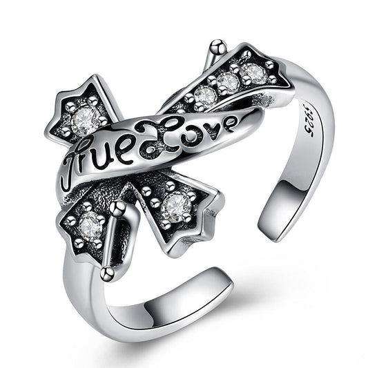 "True Love" Cubic Zirconia Cross 925 Sterling Silver Adjustable Ring-Rings-Innovato Design-Innovato Design
