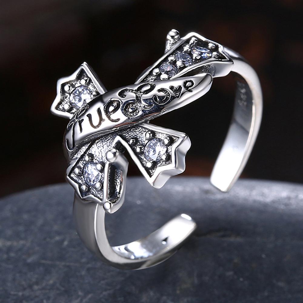 "True Love" Cubic Zirconia Cross 925 Sterling Silver Adjustable Ring-Rings-Innovato Design-Innovato Design