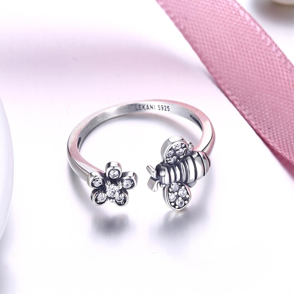 Bee and Flower Design Cubic Zirconia 925 Sterling Silver Adjustable Ring-Rings-Innovato Design-Innovato Design