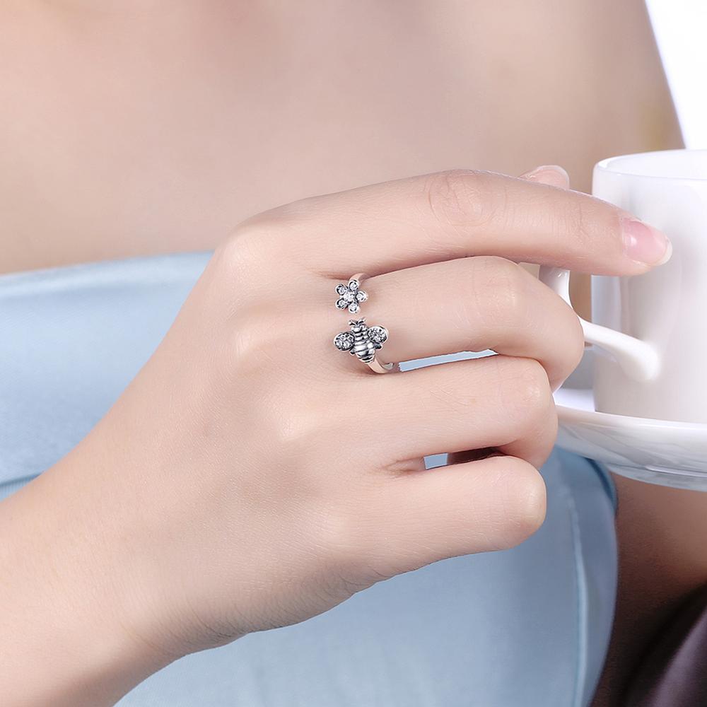Bee and Flower Design Cubic Zirconia 925 Sterling Silver Adjustable Ring-Rings-Innovato Design-Innovato Design