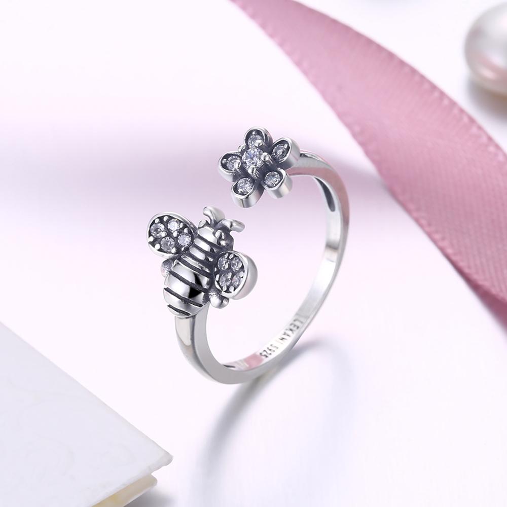 Bee and Flower Design Cubic Zirconia 925 Sterling Silver Adjustable Ring-Rings-Innovato Design-Innovato Design