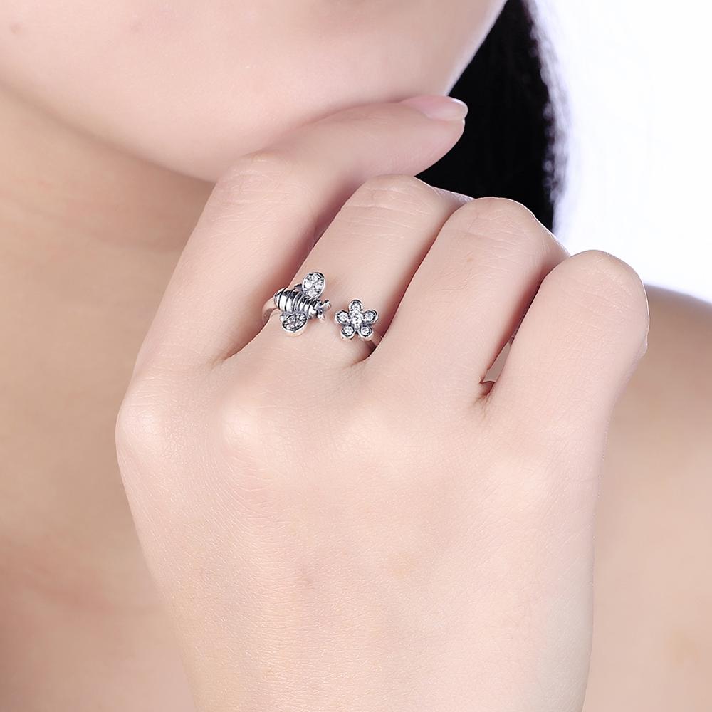 Bee and Flower Design Cubic Zirconia 925 Sterling Silver Adjustable Ring-Rings-Innovato Design-Innovato Design
