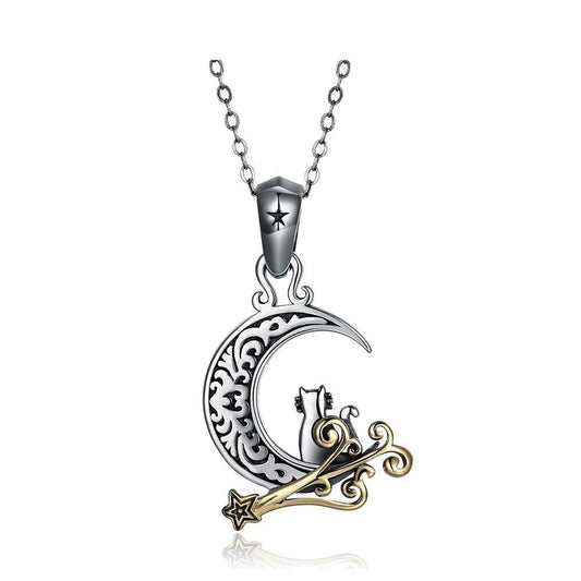 Moon, Lovely Cat and Shooting Star 925 Sterling Silver Vintage Punk Necklace-Necklaces-Innovato Design-Innovato Design