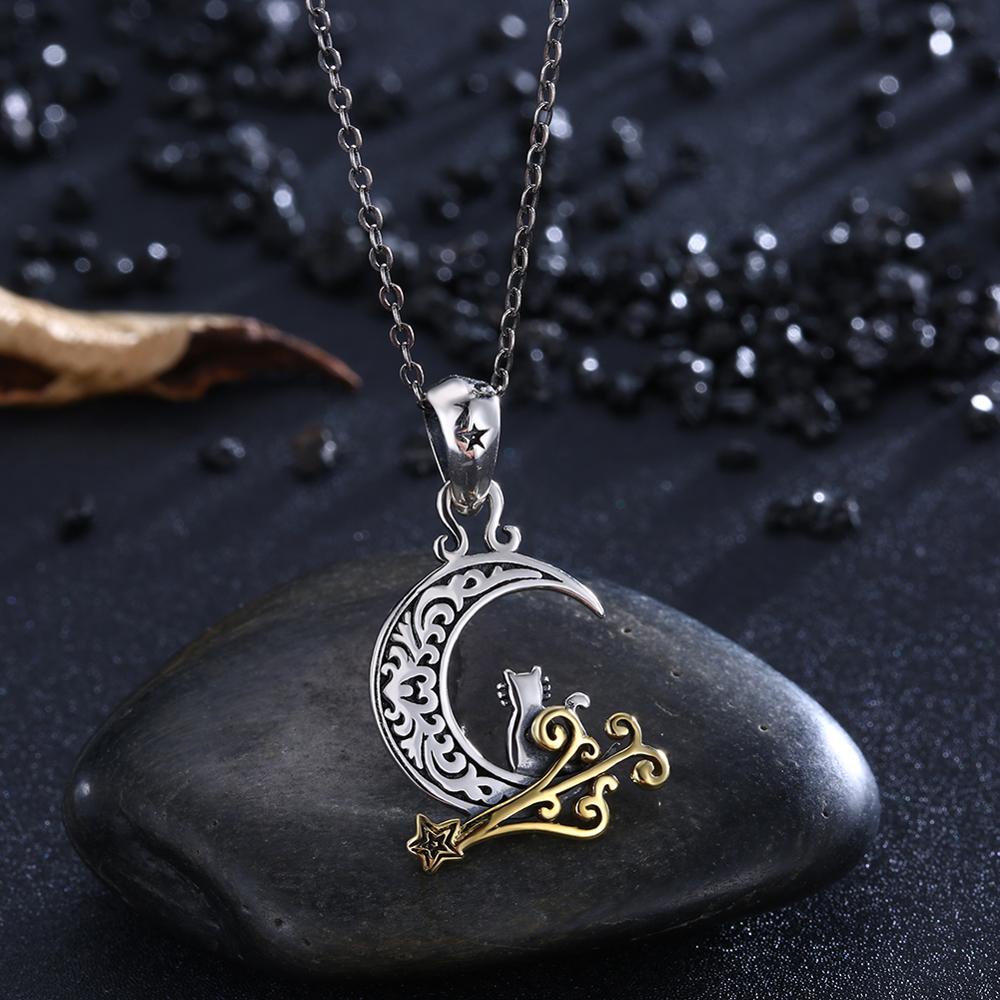 Moon, Lovely Cat and Shooting Star 925 Sterling Silver Vintage Punk Necklace-Necklaces-Innovato Design-Innovato Design