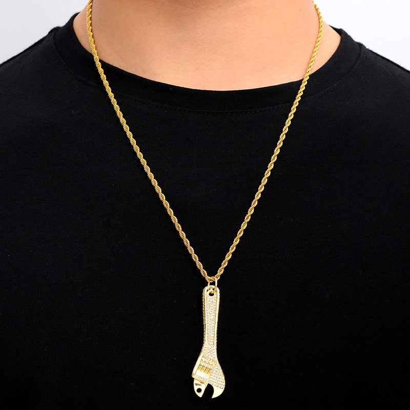 Cubic-Zirconia-Studded Wrench Bling Hip-hop Pendant Necklace-Necklaces-Innovato Design-Gold-6mm Cuban-24inch-Innovato Design