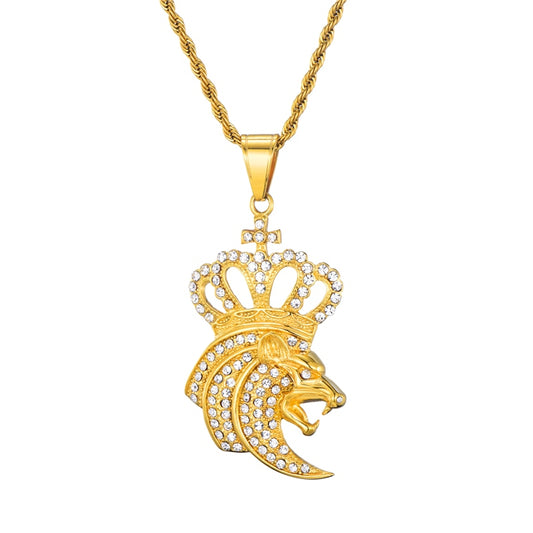 Rhinestone-Studded Gold-Plated Lion King Crown Bling 316L Stainless Steel Hip-hop Pendant Necklace-Necklaces-Innovato Design-Innovato Design