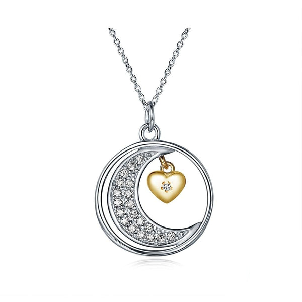 Silver Moon Cubic Zirconia and Golden Heart 925 Sterling Silver Pendant Necklace-Necklaces-Innovato Design-Innovato Design
