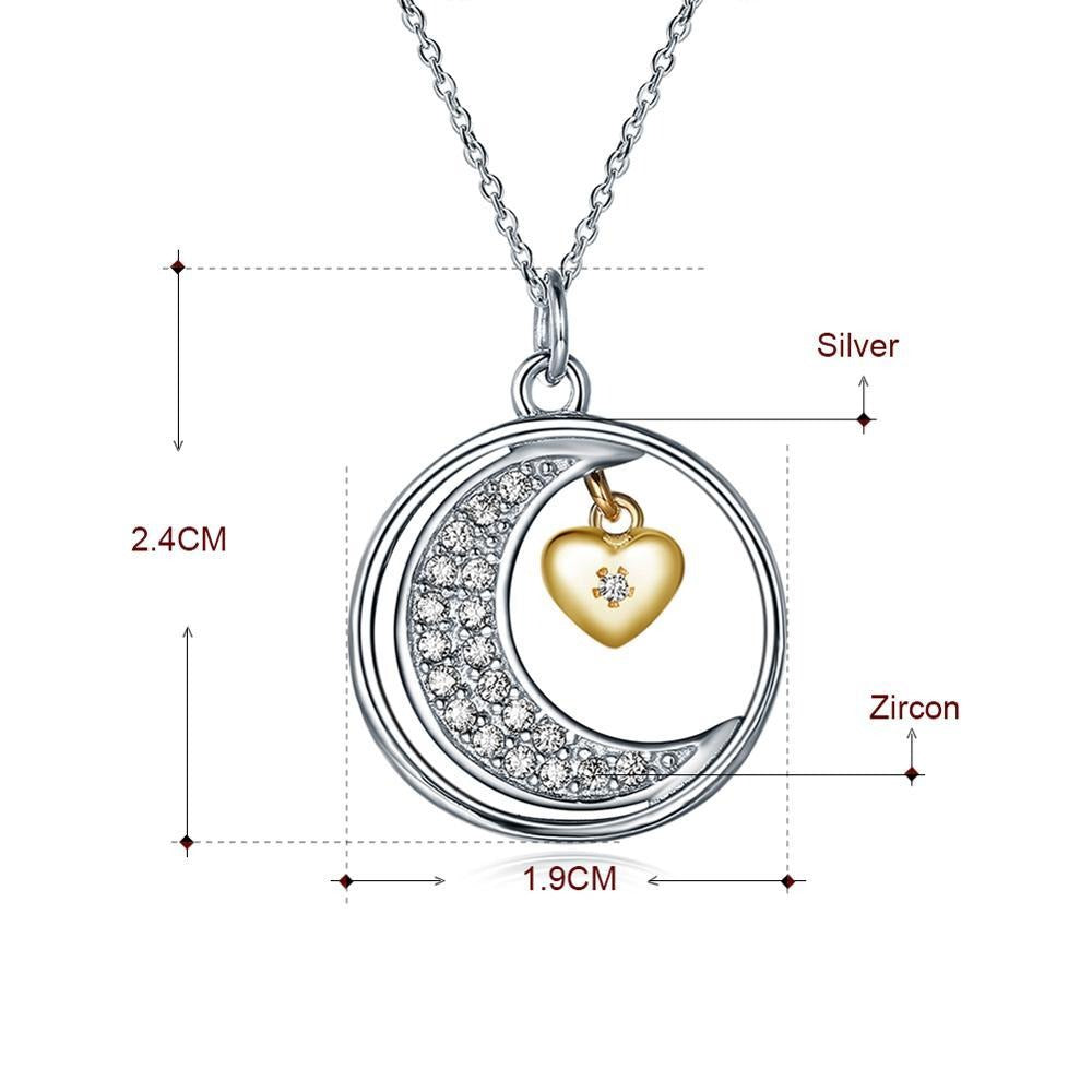 Silver Moon Cubic Zirconia and Golden Heart 925 Sterling Silver Pendant Necklace-Necklaces-Innovato Design-Innovato Design