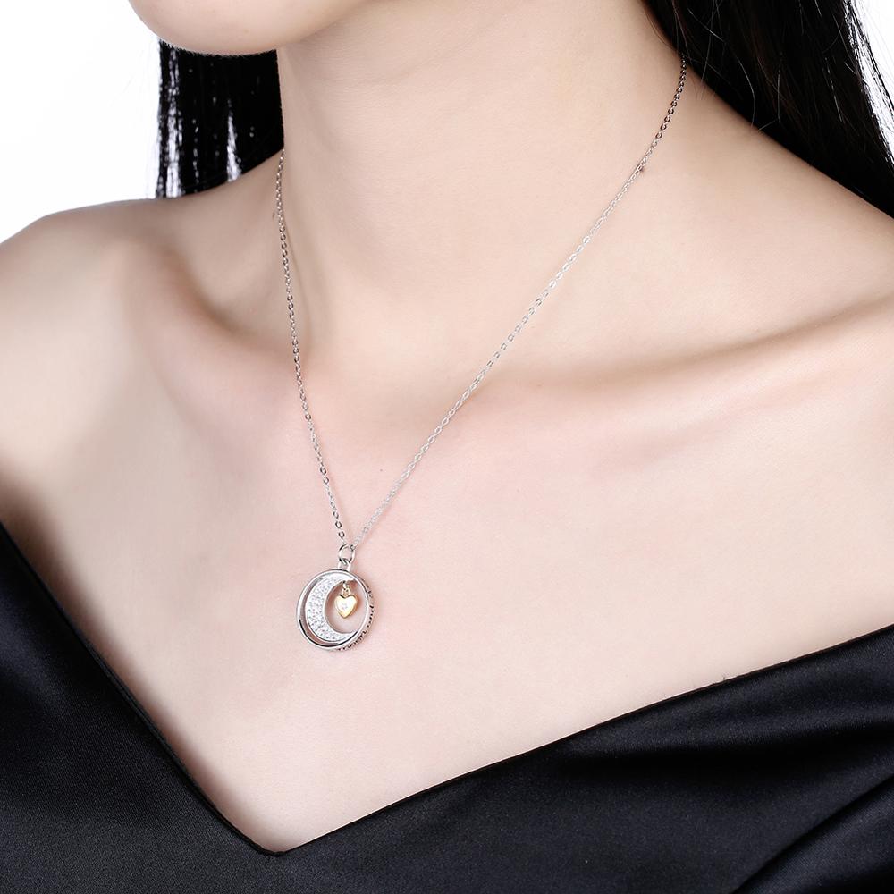 Silver Moon Cubic Zirconia and Golden Heart 925 Sterling Silver Pendant Necklace-Necklaces-Innovato Design-Innovato Design