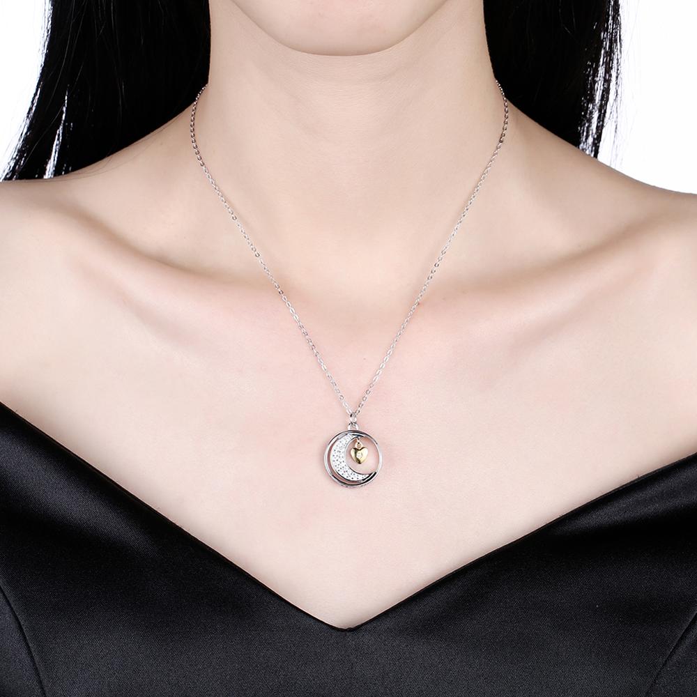 Silver Moon Cubic Zirconia and Golden Heart 925 Sterling Silver Pendant Necklace-Necklaces-Innovato Design-Innovato Design