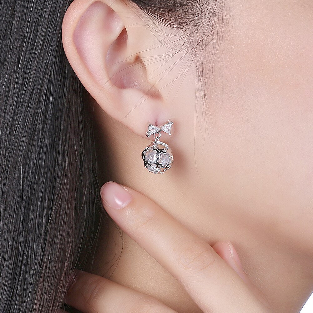 Creative Bow Knot Cubic Zirconia and Hollow Star Ball 925 Sterling Silver Fashion Earrings-Earrings-Innovato Design-Innovato Design