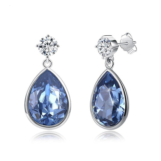 Austrian Crystal Blue Water Drop and Round Crystal 925 Sterling Silver Fine Stud Earrings-Earrings-Innovato Design-Innovato Design