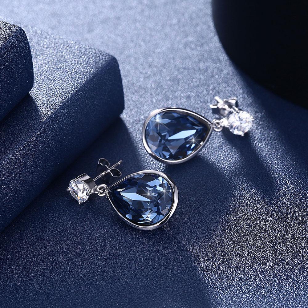 Austrian Crystal Blue Water Drop and Round Crystal 925 Sterling Silver Fine Stud Earrings-Earrings-Innovato Design-Innovato Design