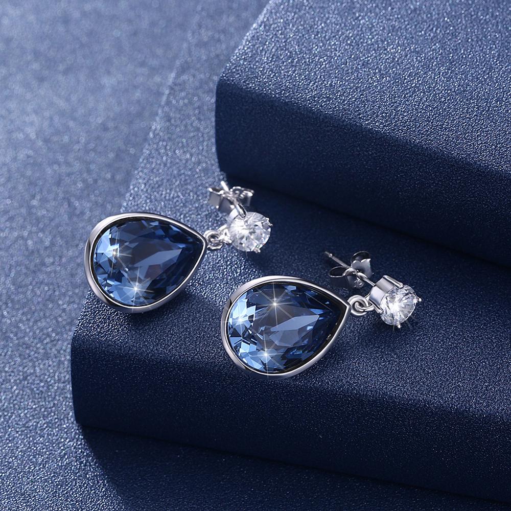 Austrian Crystal Blue Water Drop and Round Crystal 925 Sterling Silver Fine Stud Earrings-Earrings-Innovato Design-Innovato Design