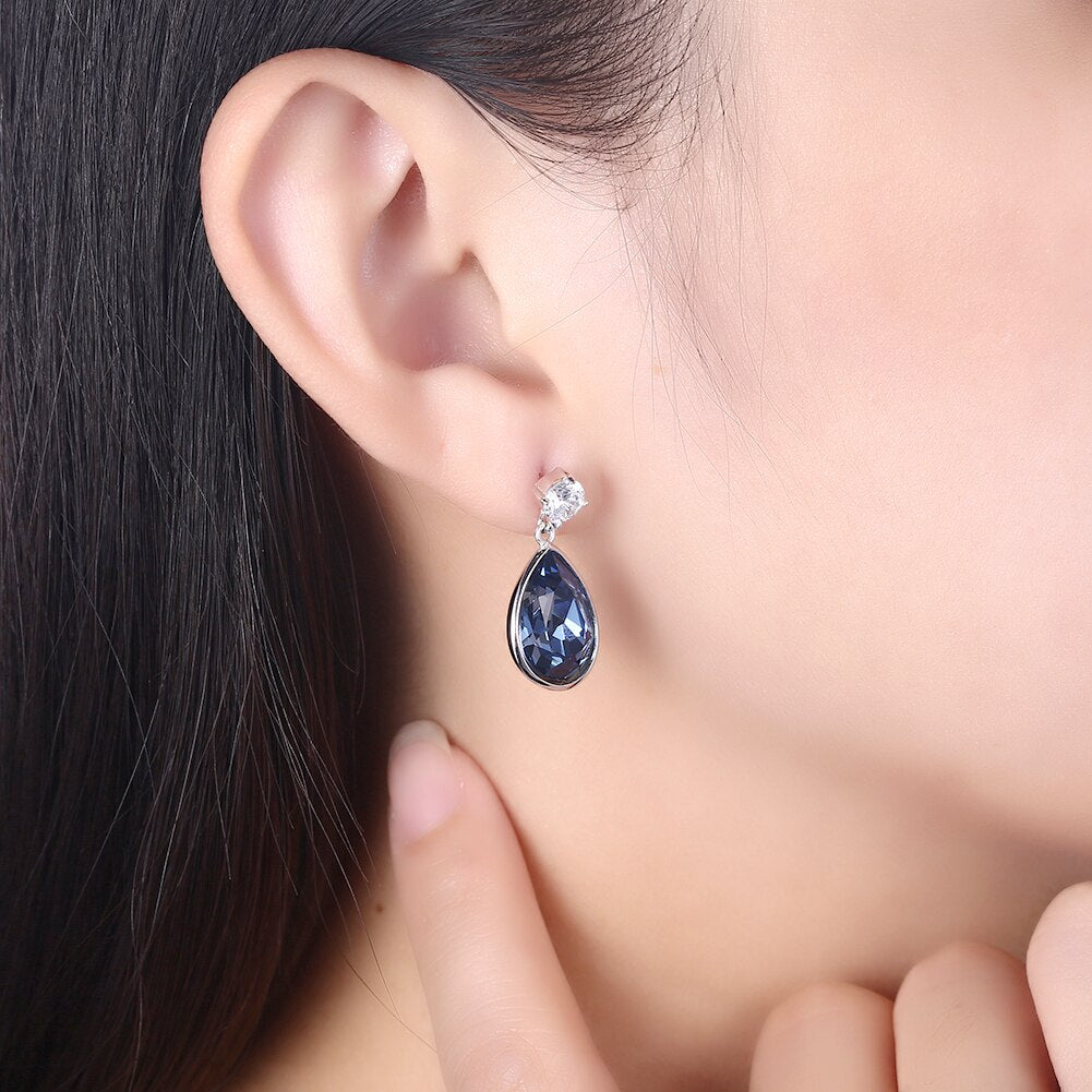 Austrian Crystal Blue Water Drop and Round Crystal 925 Sterling Silver Fine Stud Earrings-Earrings-Innovato Design-Innovato Design