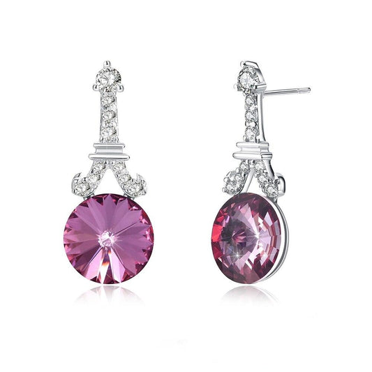 Eiffel Tower Austrian Crystal 925 Sterling Silver Fine Stud Earrings-Earrings-Innovato Design-Pink-Innovato Design