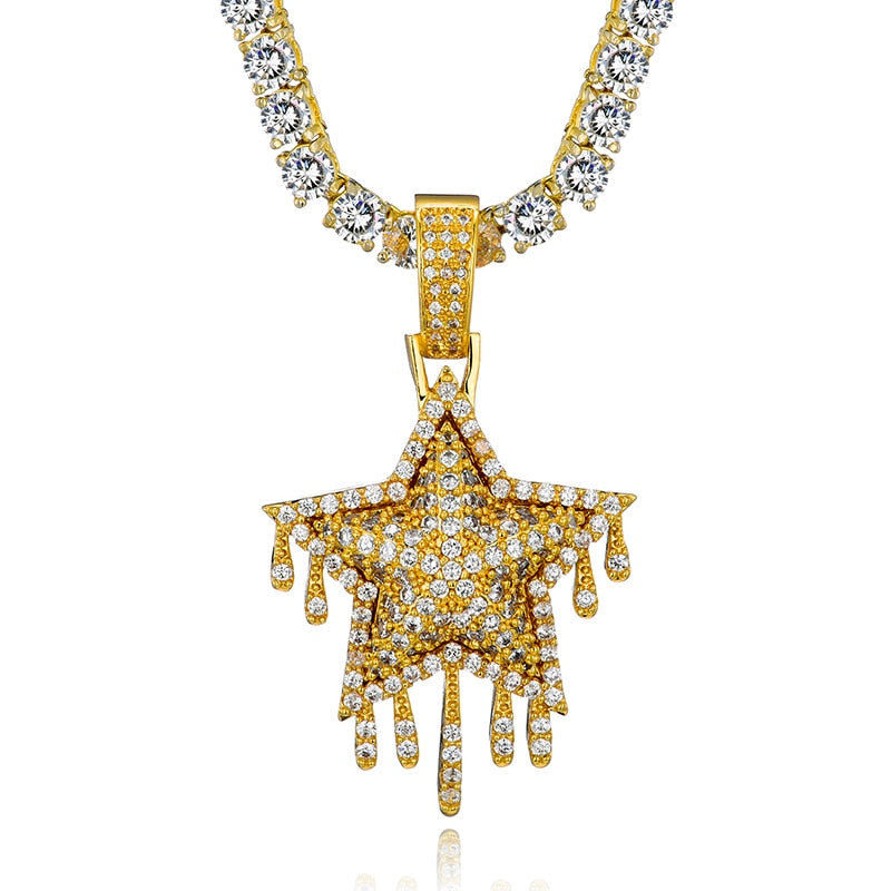Cubic-Zirconia-Studded Dripping Star Bling Hip-hop Pendant Necklace-Necklaces-Innovato Design-Gold-4mm Rope-20in-Innovato Design