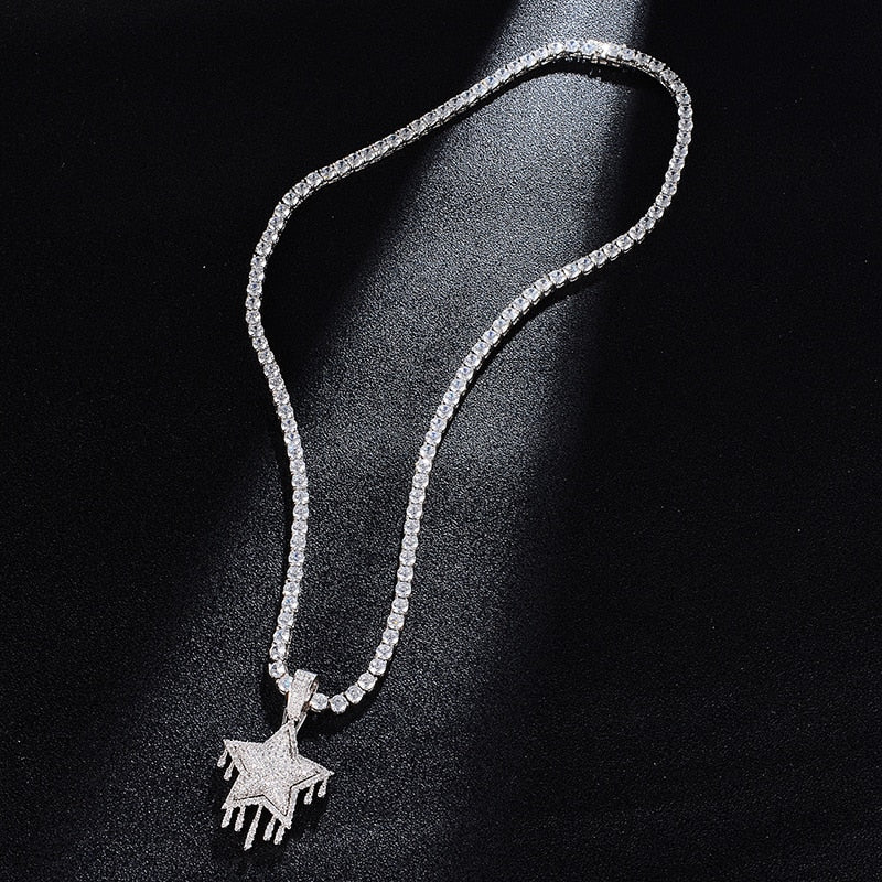Cubic-Zirconia-Studded Dripping Star Bling Hip-hop Pendant Necklace-Necklaces-Innovato Design-Silver-4mm Rope-20in-Innovato Design
