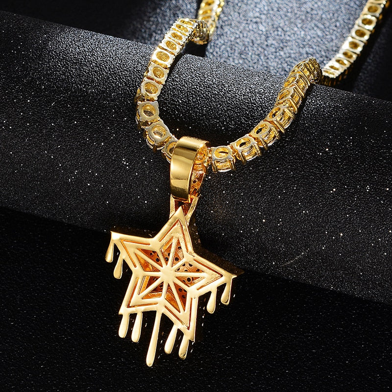 Cubic-Zirconia-Studded Dripping Star Bling Hip-hop Pendant Necklace-Necklaces-Innovato Design-Silver-4mm Rope-20in-Innovato Design