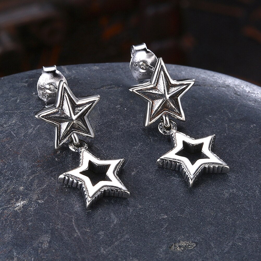 Double Star 925 Sterling Silver Vintage Drop Earrings-Earrings-Innovato Design-Innovato Design