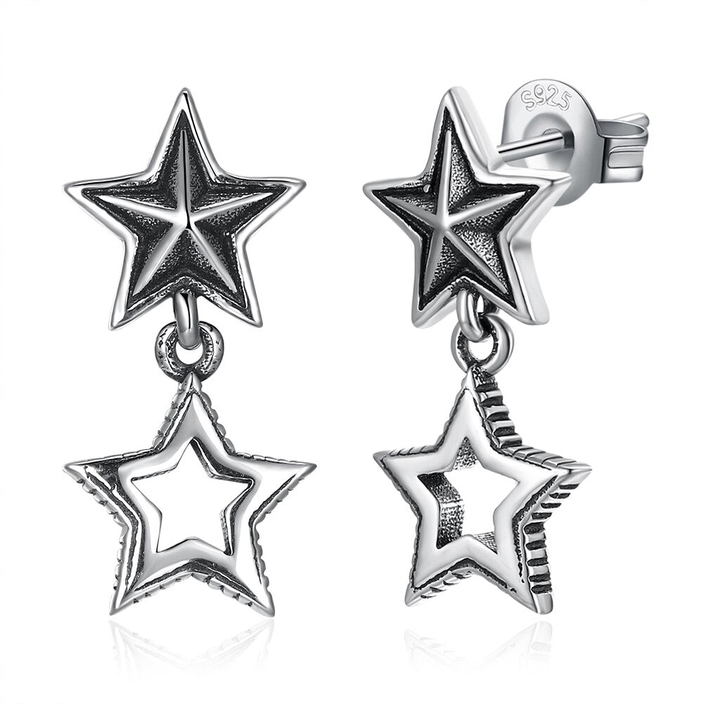 Double Star 925 Sterling Silver Vintage Drop Earrings-Earrings-Innovato Design-Innovato Design