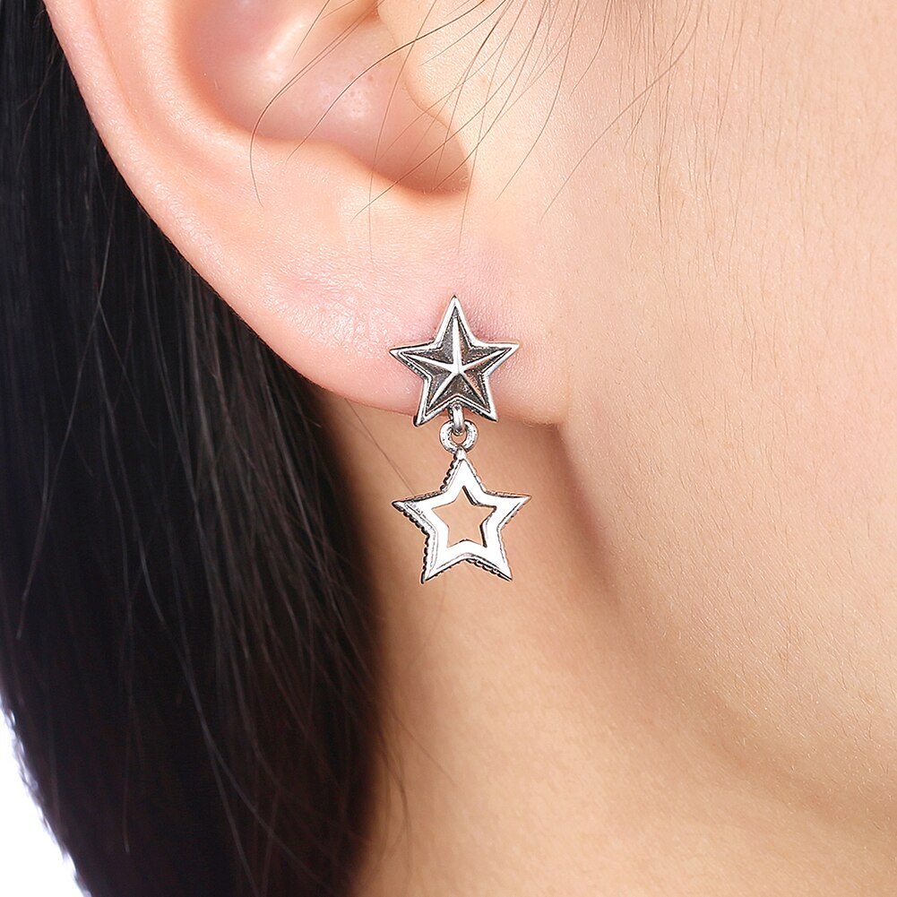 Double Star 925 Sterling Silver Vintage Drop Earrings-Earrings-Innovato Design-Innovato Design