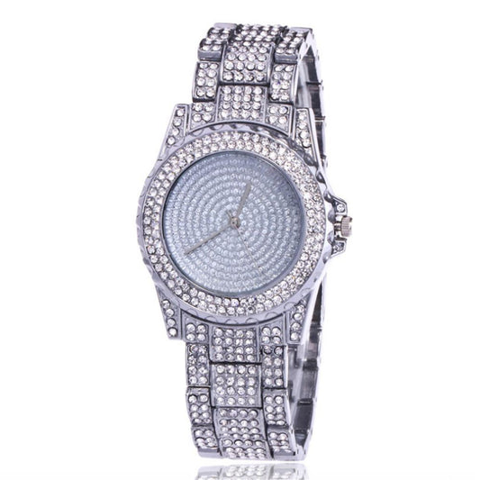 Diamond-Studded Stainless Steel Band Fashion Quartz Watch