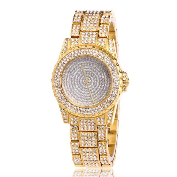 Diamond-Studded Stainless Steel Band Fashion Quartz Watch