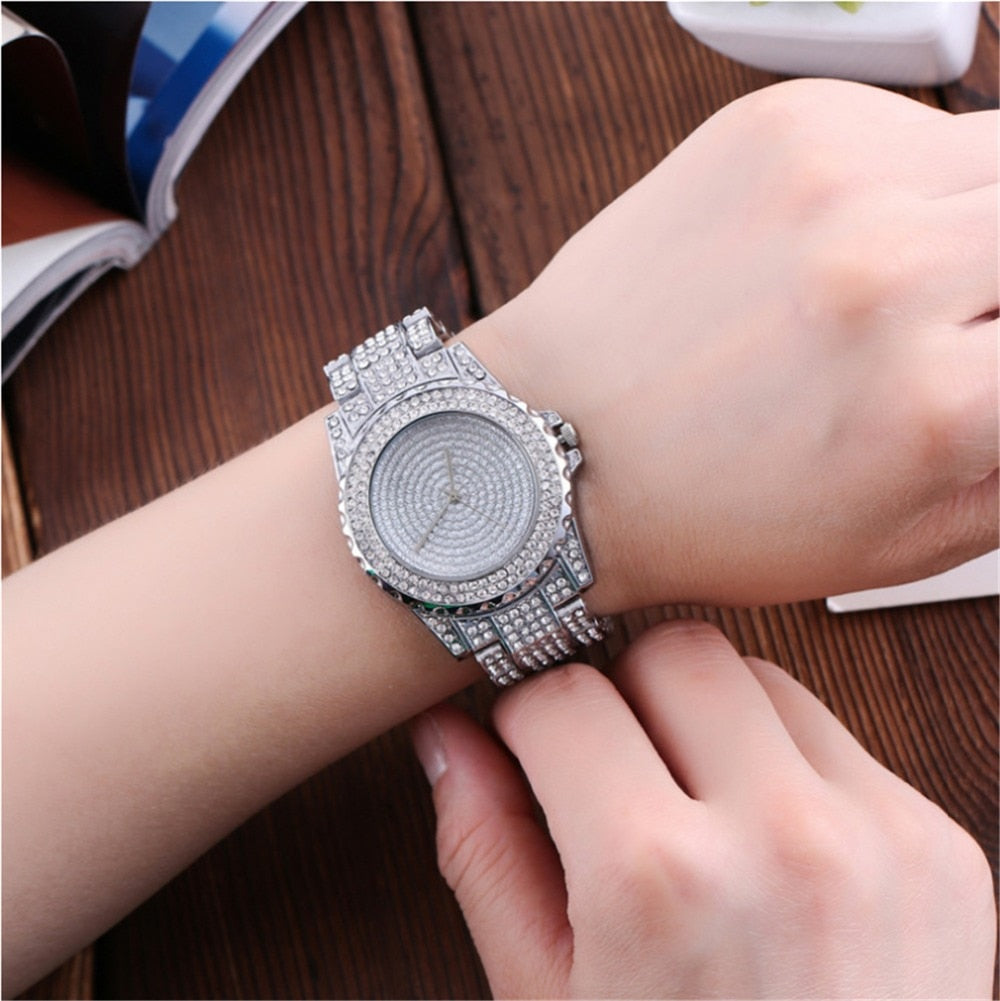 Diamond-Studded Stainless Steel Band Fashion Quartz Watch-Watches-Innovato Design-Gold-Innovato Design
