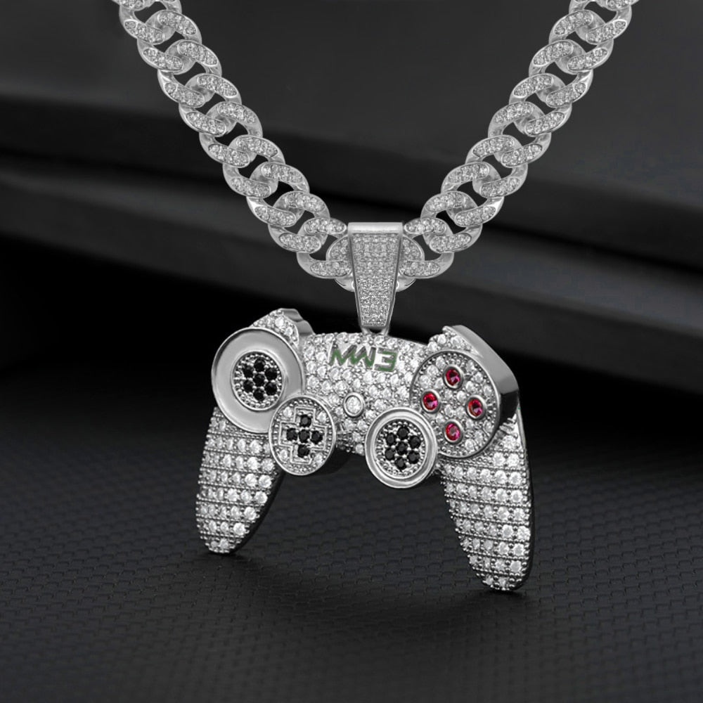 Rhinestone Studded Game Controller and Chain Link Fashion Hip-hop Cuban Pendant Necklace-Necklaces-Innovato Design-Gold-24inch-Innovato Design