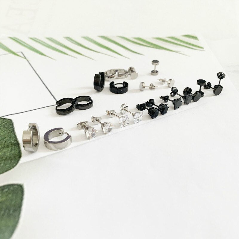 12 & 24 Pairs Round and Square Korean Stainless Steel Small Punk Hoop and Stud Earrings-Earrings-Innovato Design-24pcs-Innovato Design