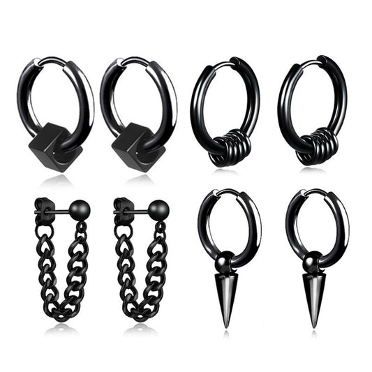 Black or Silver Hoops and Dangles Stainless Steel Hip-Hop Korean Style Earrings-Earrings-Innovato Design-Black-Innovato Design
