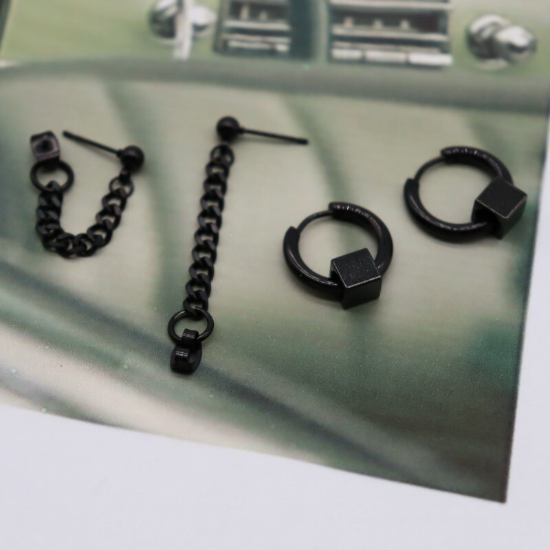 Black or Silver Hoops and Dangles Stainless Steel Hip-Hop Korean Style Earrings-Earrings-Innovato Design-Black-Innovato Design