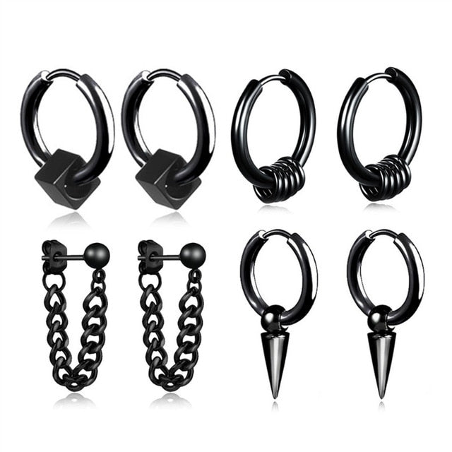 Black or Silver Hoops and Dangles Stainless Steel Hip-Hop Korean Style Earrings-Earrings-Innovato Design-Black 3-Innovato Design