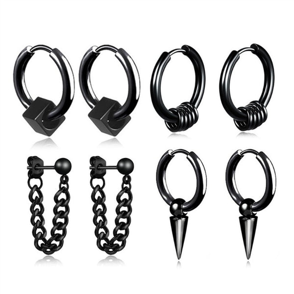 Black or Silver Hoops and Dangles Stainless Steel Hip-Hop Korean Style Earrings